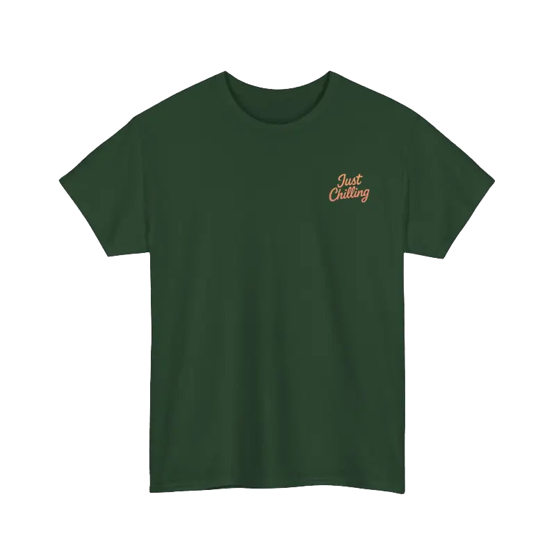 A green t-shirt with a small orange text logo on the left side of the chest.