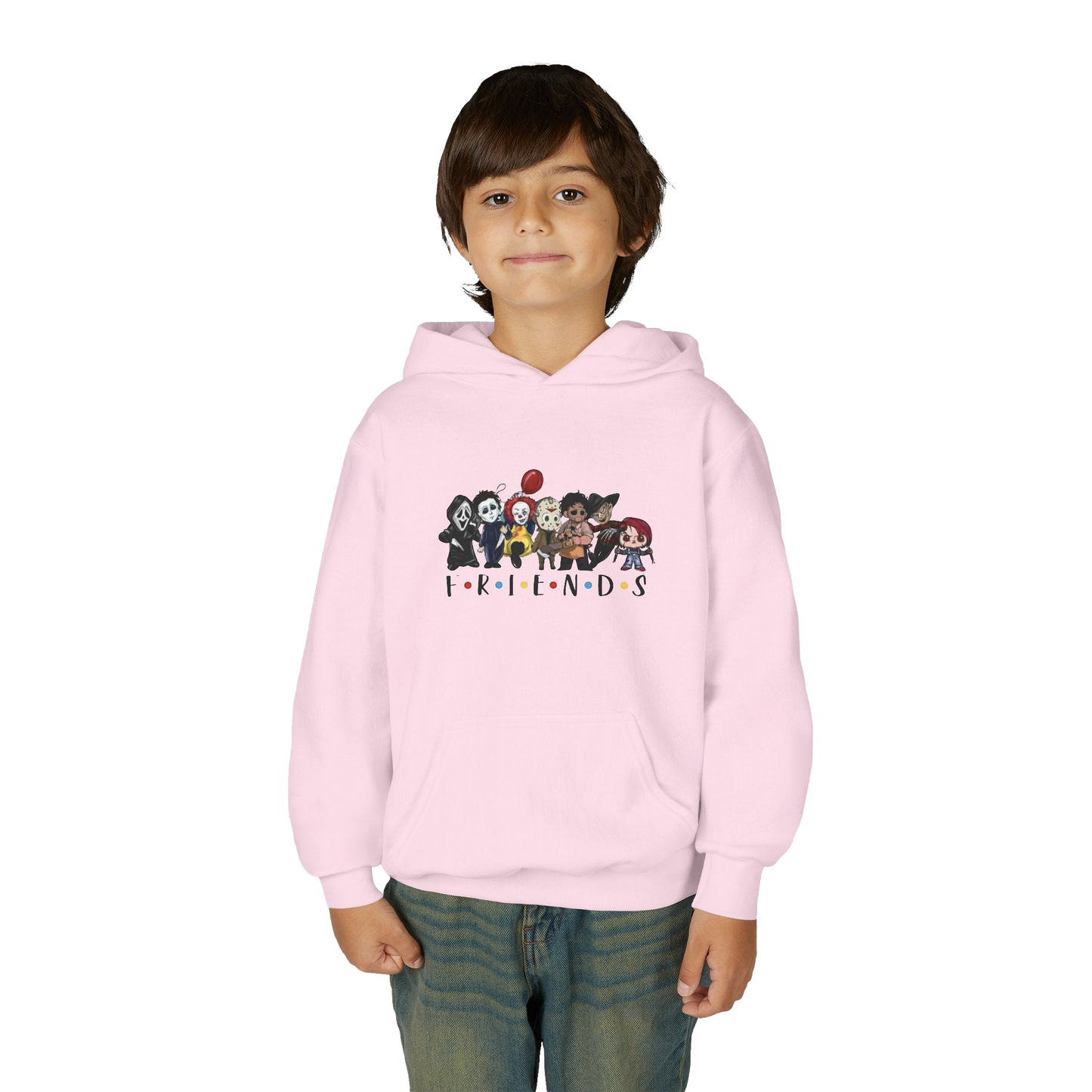 A young boy wearing a pink hoodie with a graphic of cartoon characters from the TV show Friends.