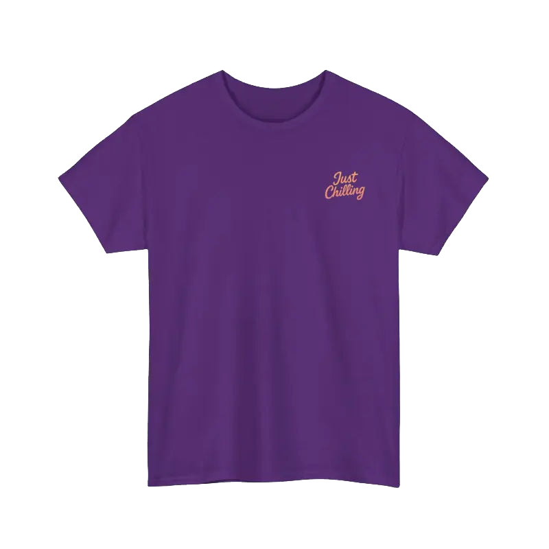 A purple t-shirt with the text "Just Chilling" printed on it.