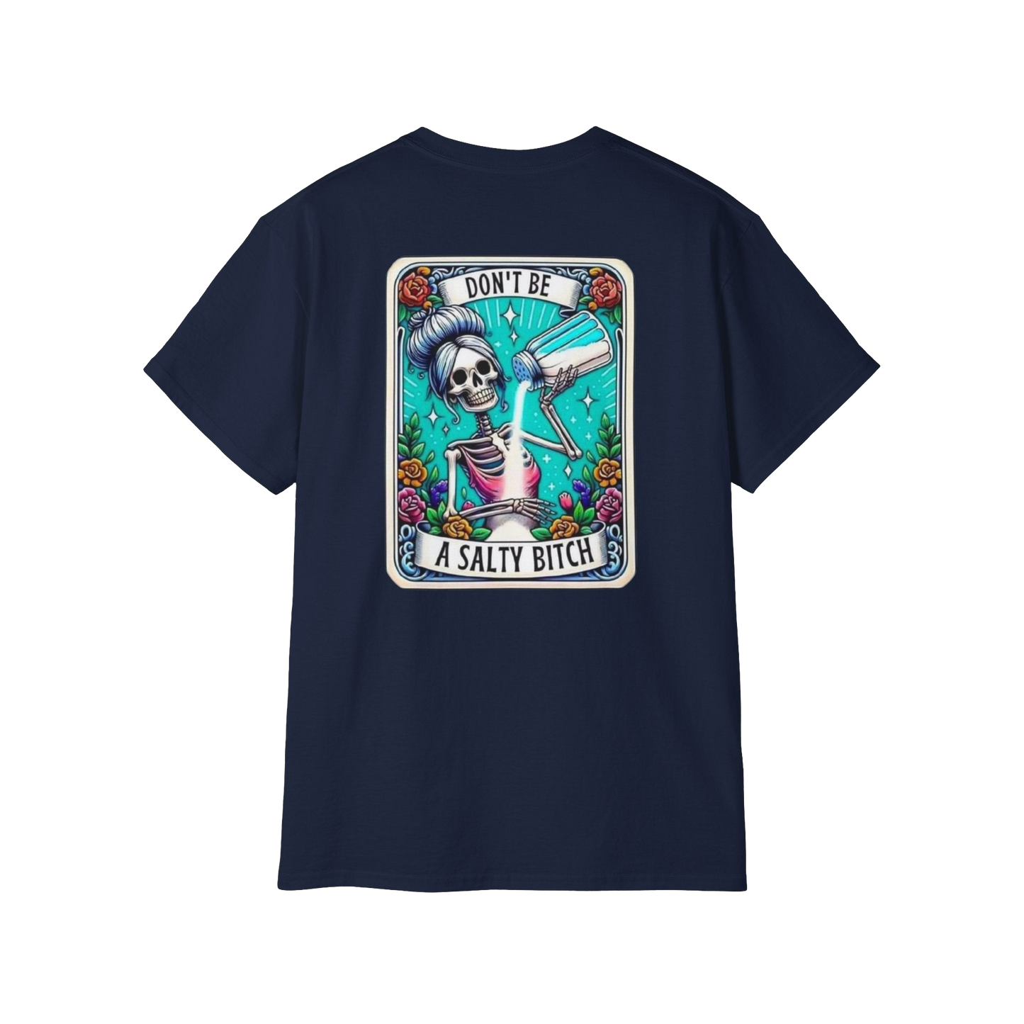 A dark blue t-shirt with a graphic design featuring a skeleton wearing a sombrero and holding a bottle of alcohol, surrounded by colorful flowers and text.