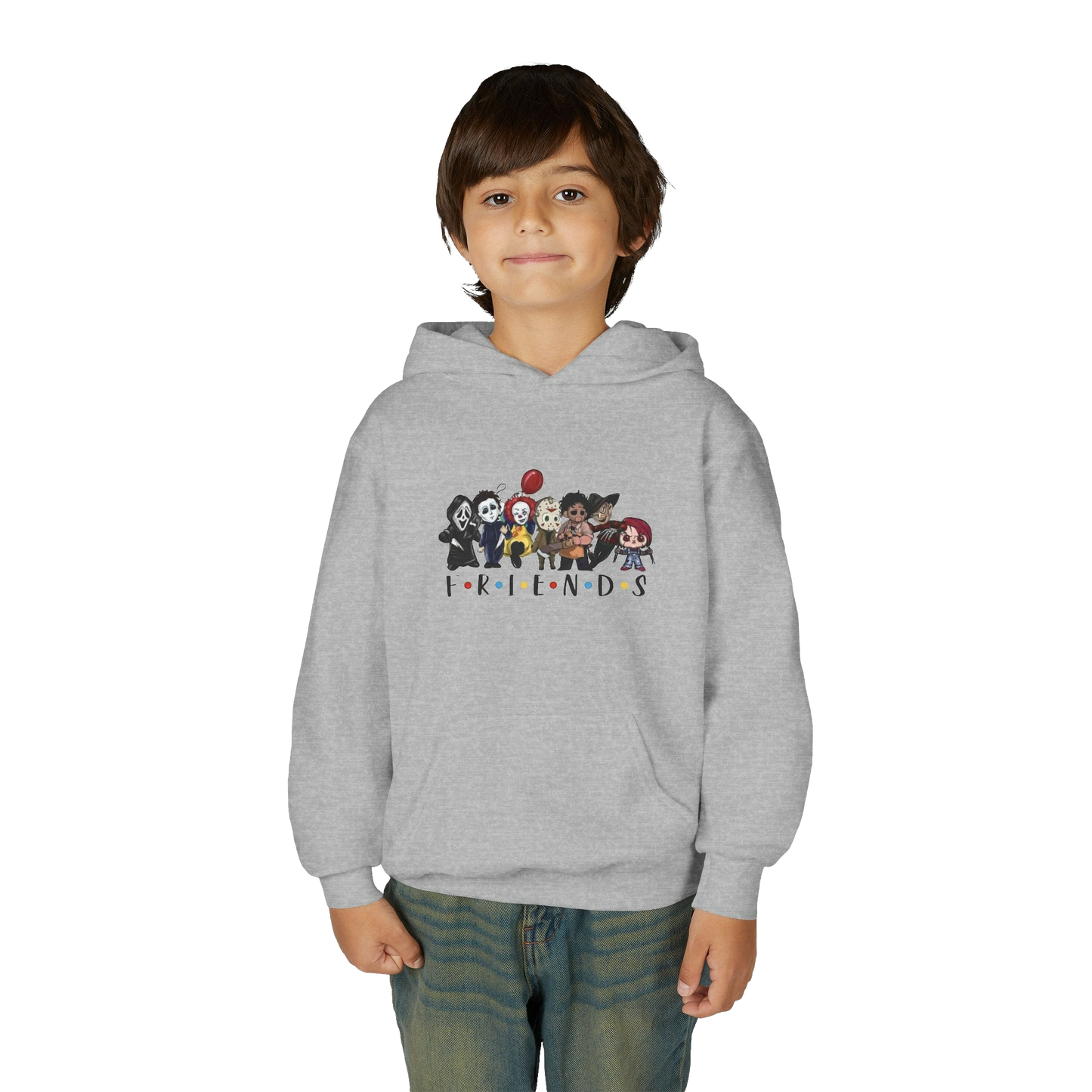 A young boy wearing a grey hoodie with a graphic of cartoon characters and the text "FRIENDS" printed on it.