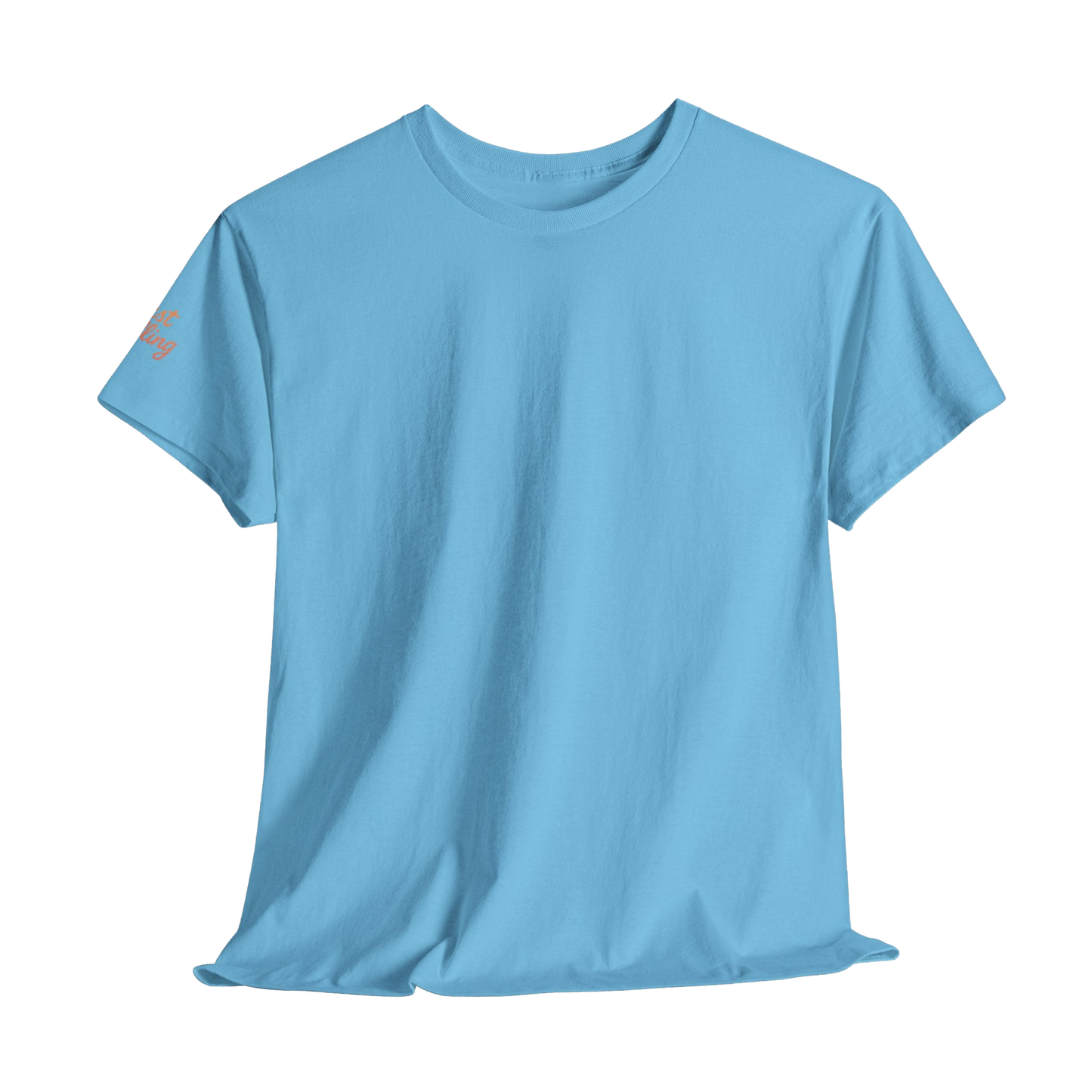 A light blue t-shirt is shown against a black background.