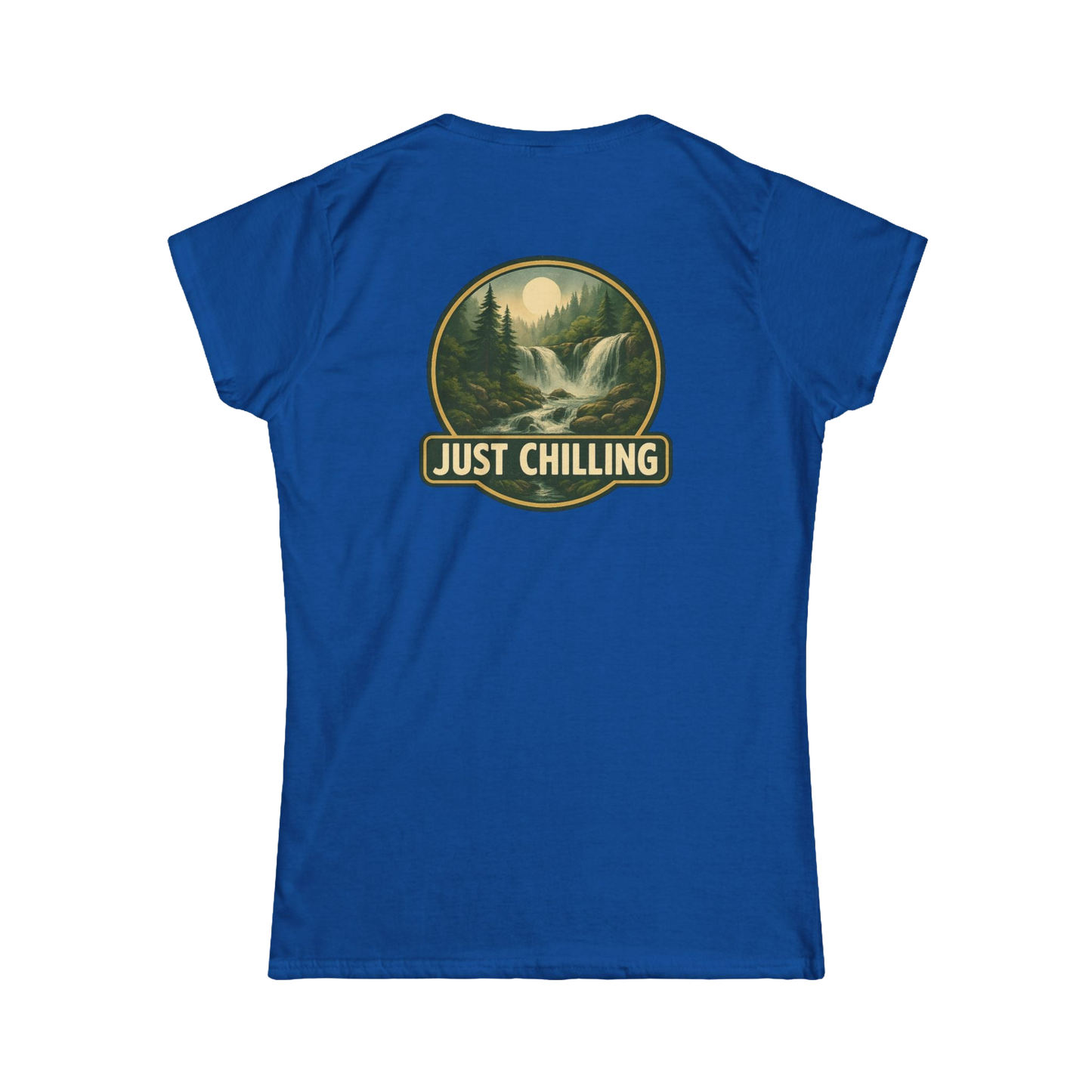 A blue t-shirt with a graphic design on the back, depicting a waterfall surrounded by trees and mountains. The text "JUST CHILLING" is displayed above the image.