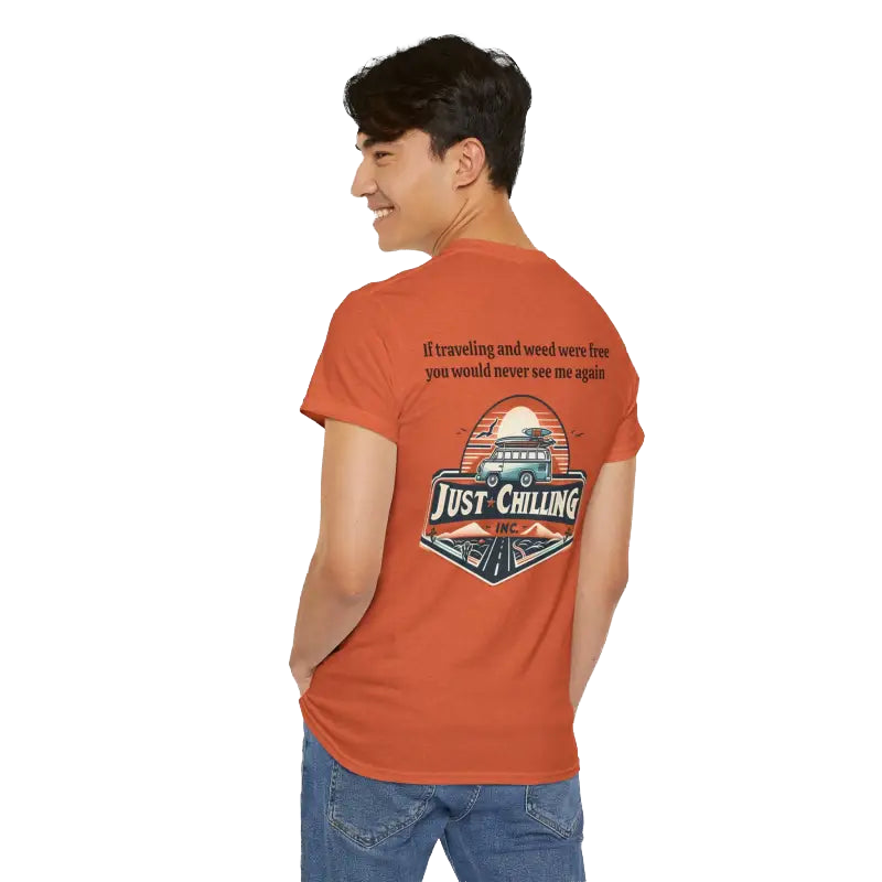 A person wearing an orange t-shirt with a graphic design and text on the back.