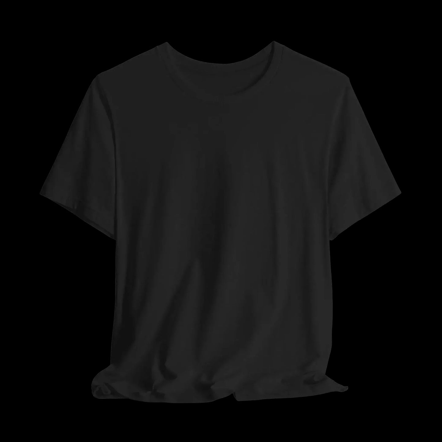 A plain black t-shirt against a black background.
