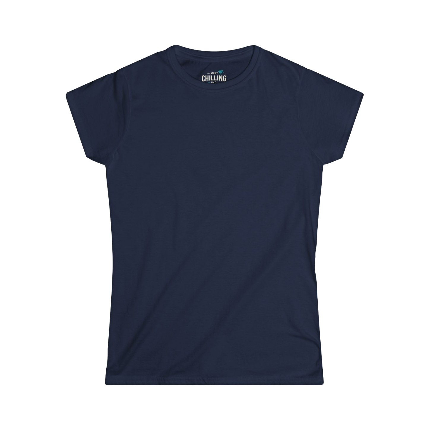 A navy blue t-shirt with a white logo on the collar.