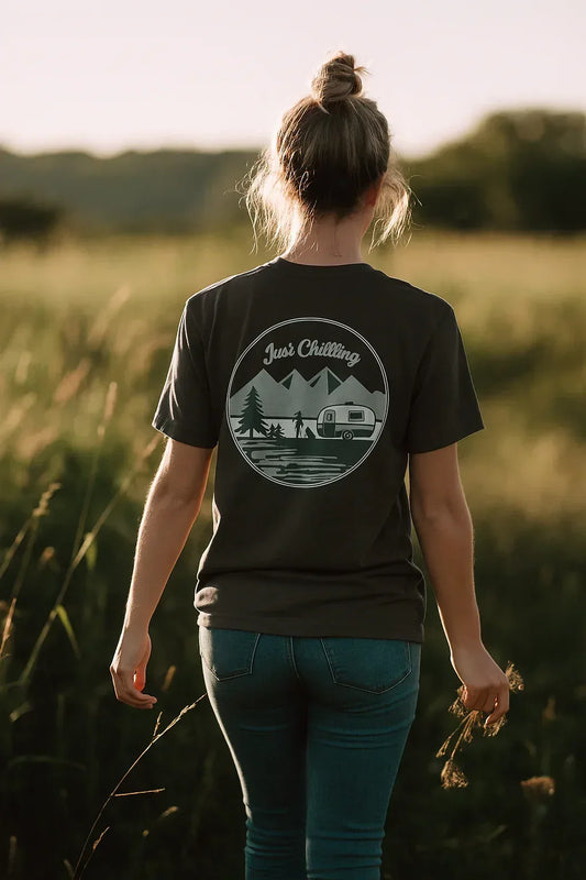 Girl Dog Camper Shirt - Unisex Cotton Tee | Comfortable Classic Fit Crew Neck - Just Chilling Inc.