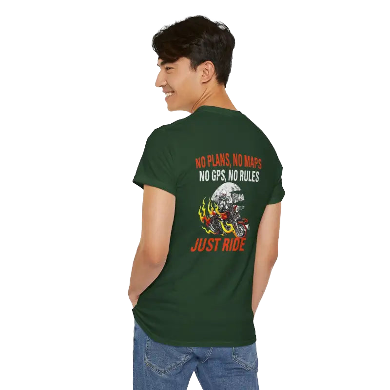 A person wearing a green t-shirt with a graphic design and text printed on the back.