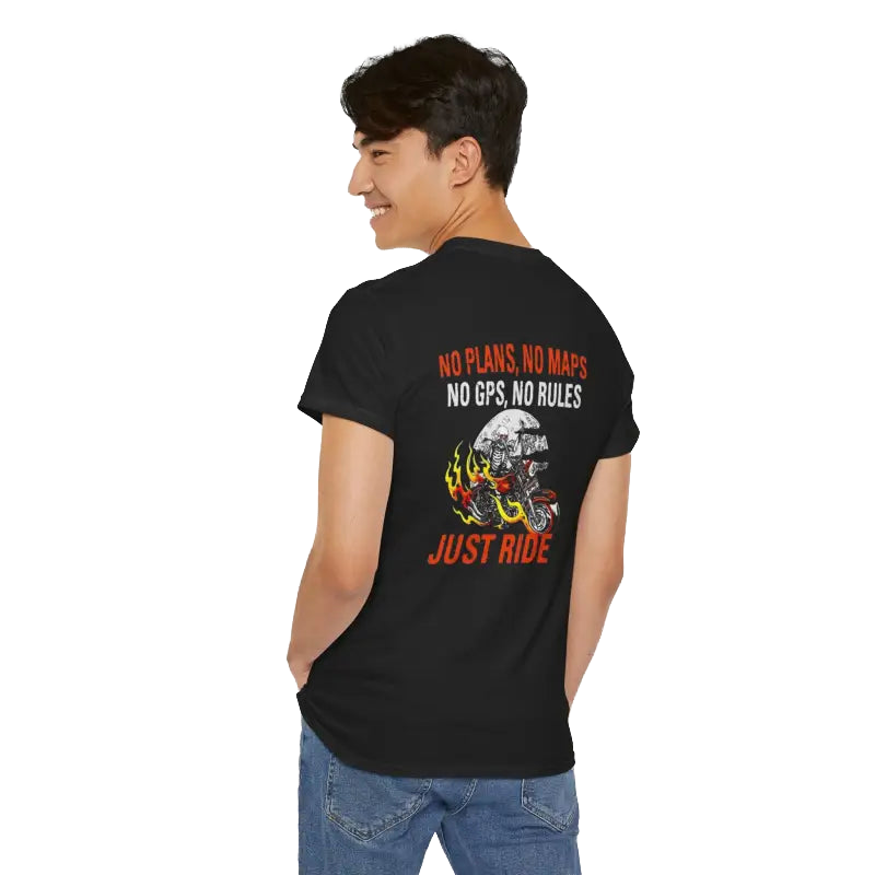 A person wearing a black t-shirt with text and graphics printed on the back.