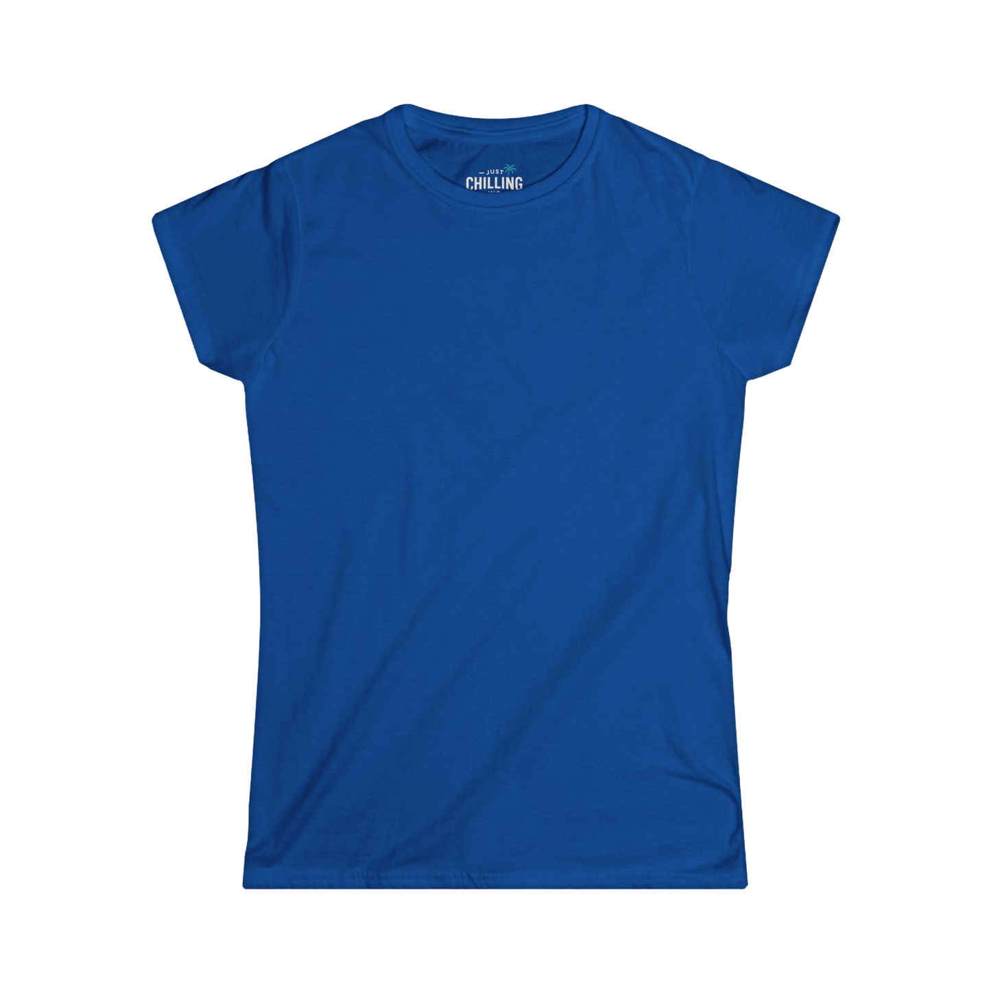 A plain, solid blue t-shirt is shown against a black background.