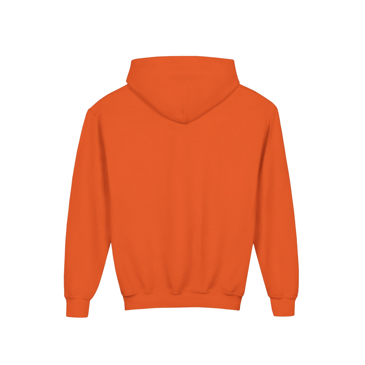 A bright orange hoodie is shown against a black background.
