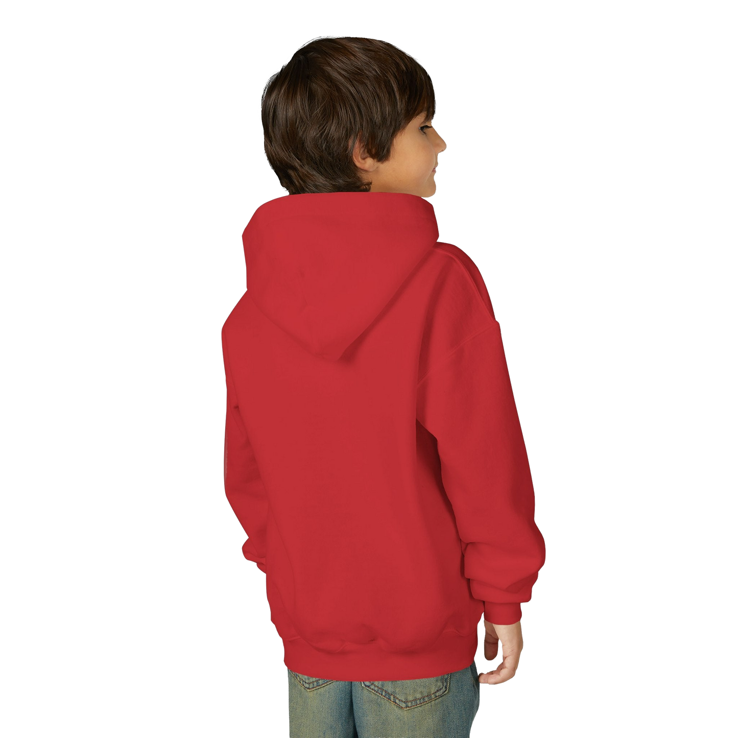 A young boy wearing a red hooded sweatshirt stands facing away from the camera.