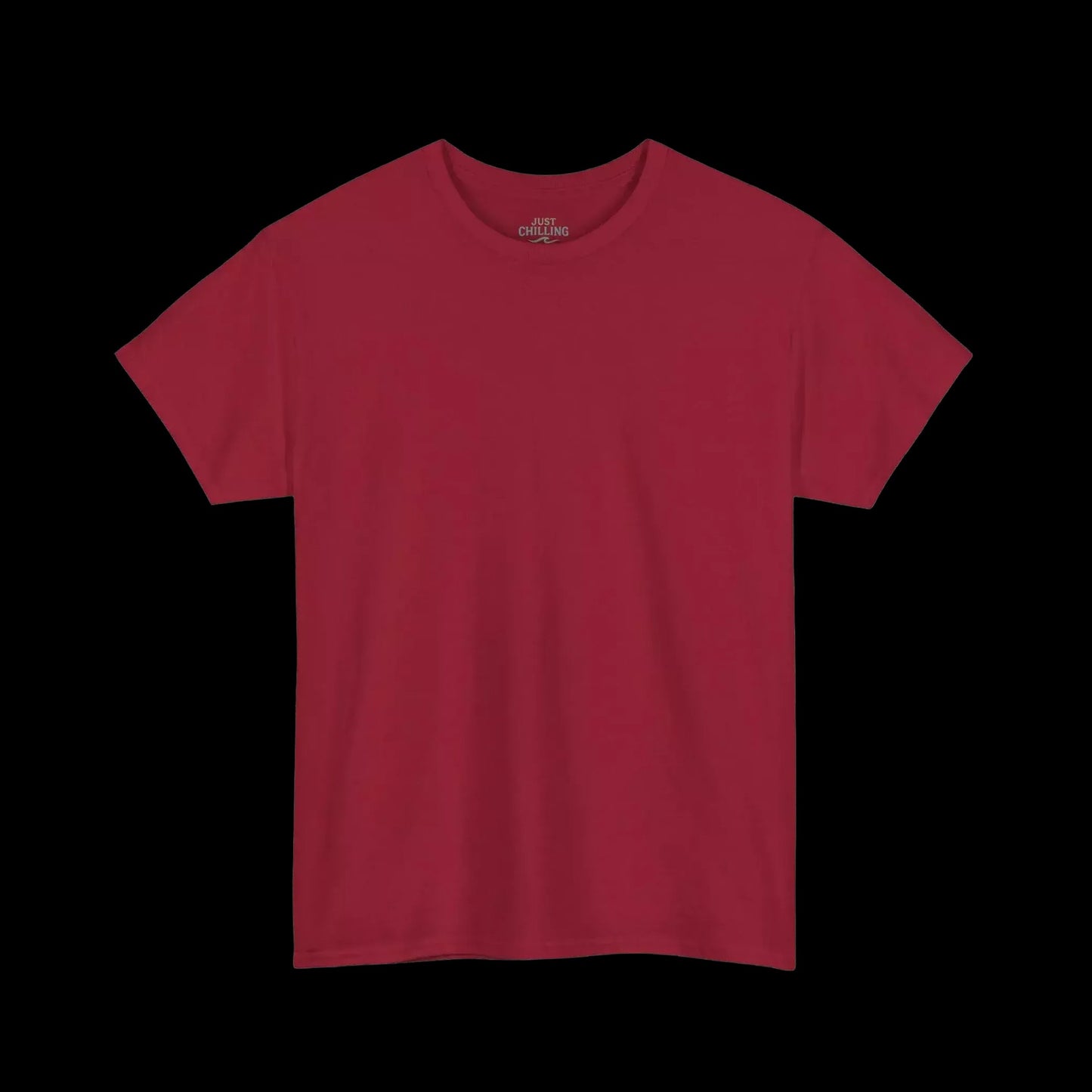 A red t-shirt is shown against a black background.