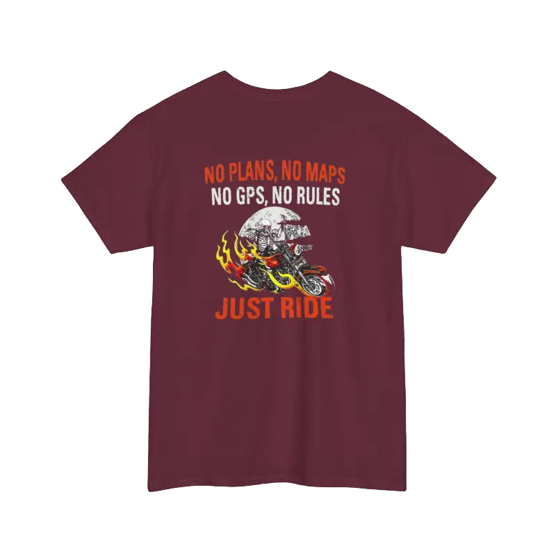 The image is a t-shirt with a graphic design featuring a motorcycle and flames, along with text that reads "NO PLANS, NO MAPS, NO GPS, NO RULES JUST RIDE".