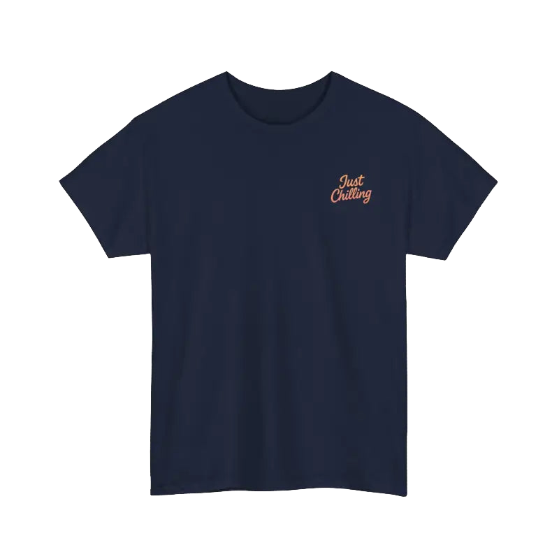 A navy blue t-shirt with a small orange text logo on the left side.