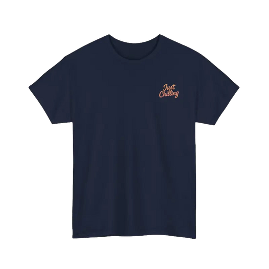 A navy blue t-shirt with a small orange text logo on the left side.