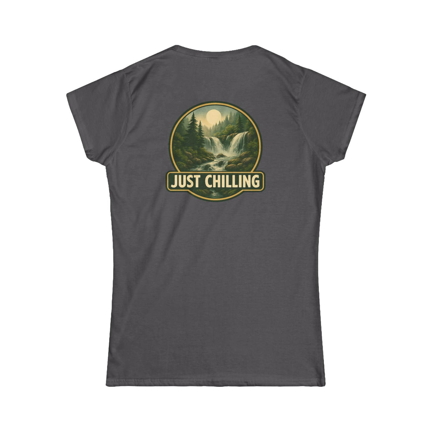 A gray t-shirt with a graphic design on the back, depicting a waterfall surrounded by trees and mountains. The text "JUST CHILLING" is displayed above the image.