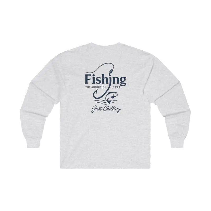 A white long-sleeved shirt with a graphic design on the back.
