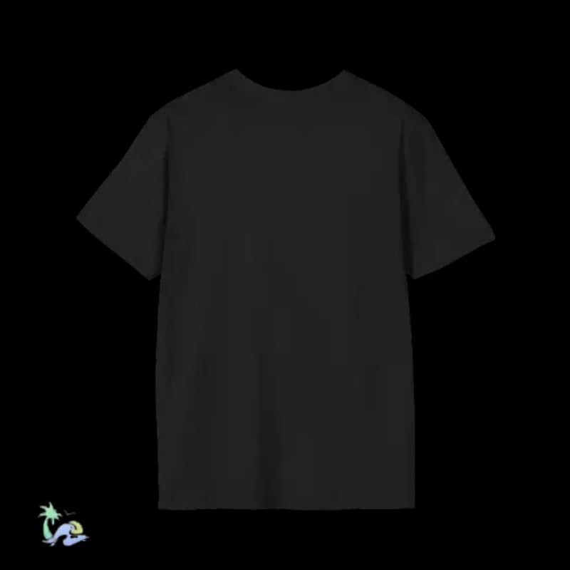 A plain black t-shirt is shown against a black background.