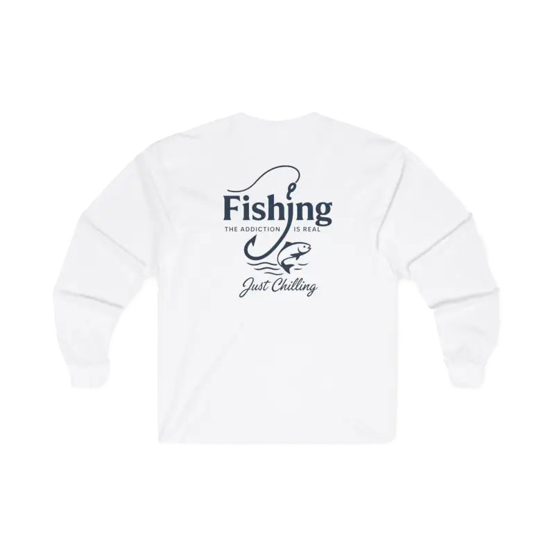 A white long-sleeved shirt with a graphic design on the back.