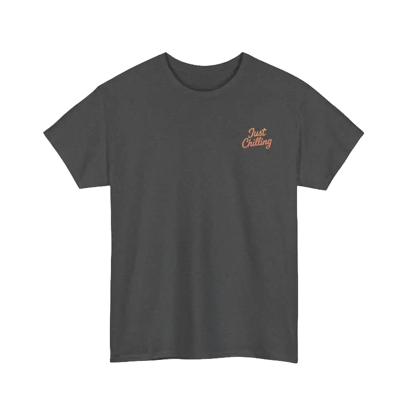 A gray t-shirt with a small orange text logo on the left side of the chest.