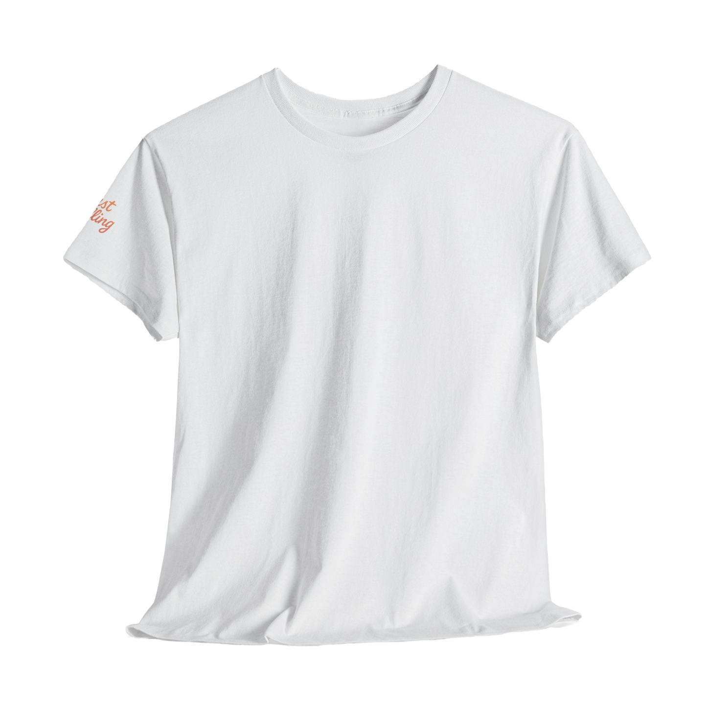 A white t-shirt with a small orange text logo on the left sleeve.