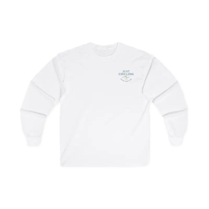 A white long-sleeved shirt with a small logo on the left side of the chest.