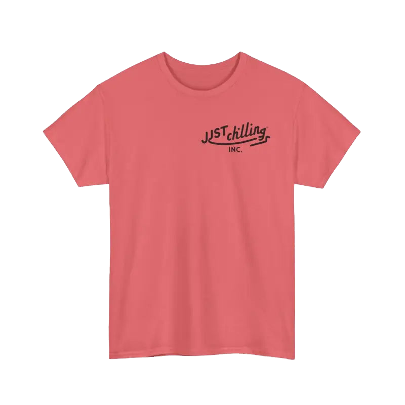A pink t-shirt with the text "JUSTCHILLING INC." printed on it.