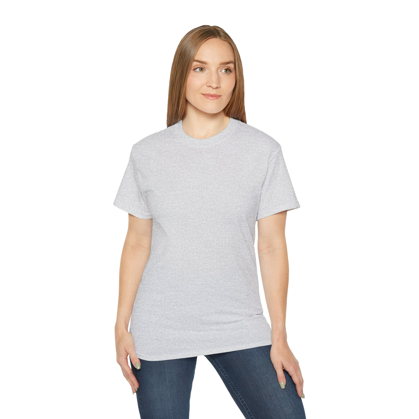 A woman with long brown hair wearing a gray t-shirt and blue jeans stands against a black background.