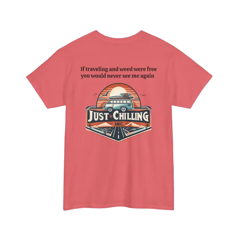 The image is a pink t-shirt with a graphic design and text on it.