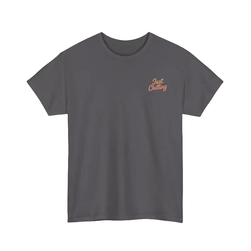 A gray t-shirt with a small orange text logo on the left side of the chest.