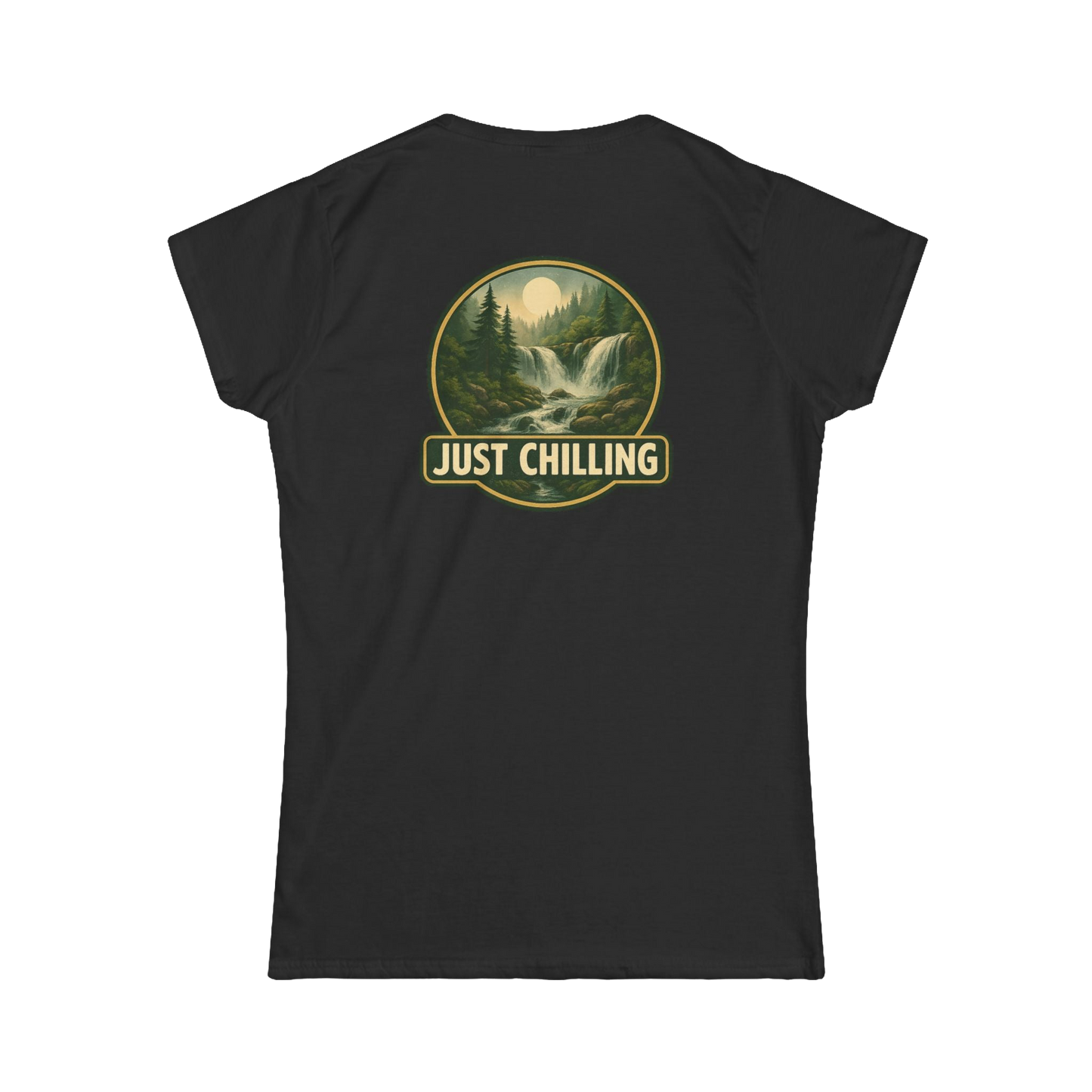 A black t-shirt with a graphic design on the back, depicting a waterfall surrounded by trees and mountains. The text "JUST CHILLING" is displayed above the image.