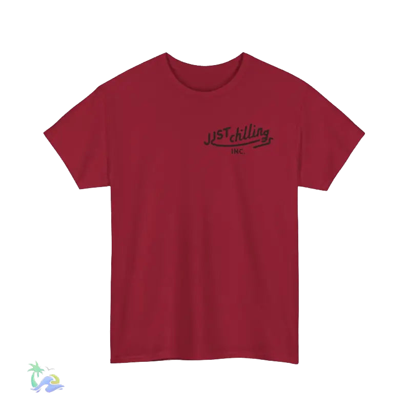A red t-shirt with the text "JUSTchilling INC." printed on it.