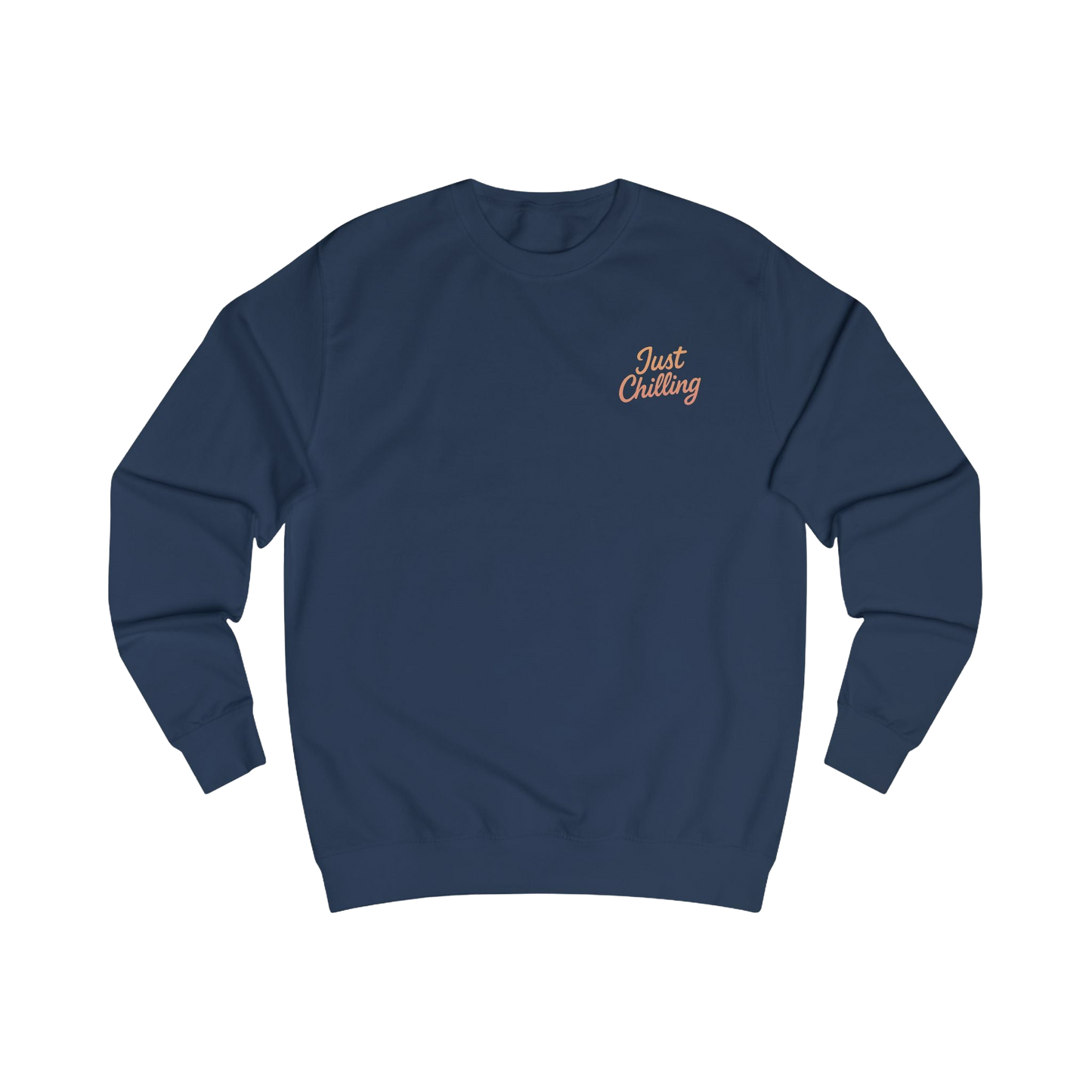 A navy blue long-sleeved sweater with a small embroidered logo on the left side.