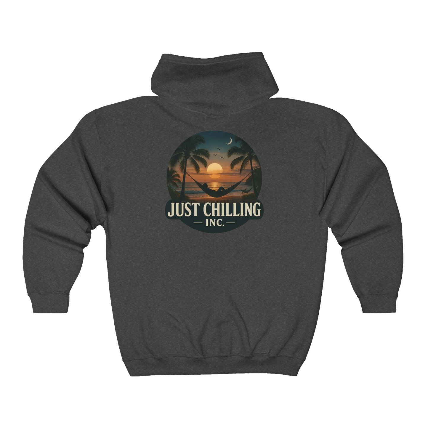 A grey hoodie with a graphic design on the back, depicting a sunset with palm trees and a hammock.