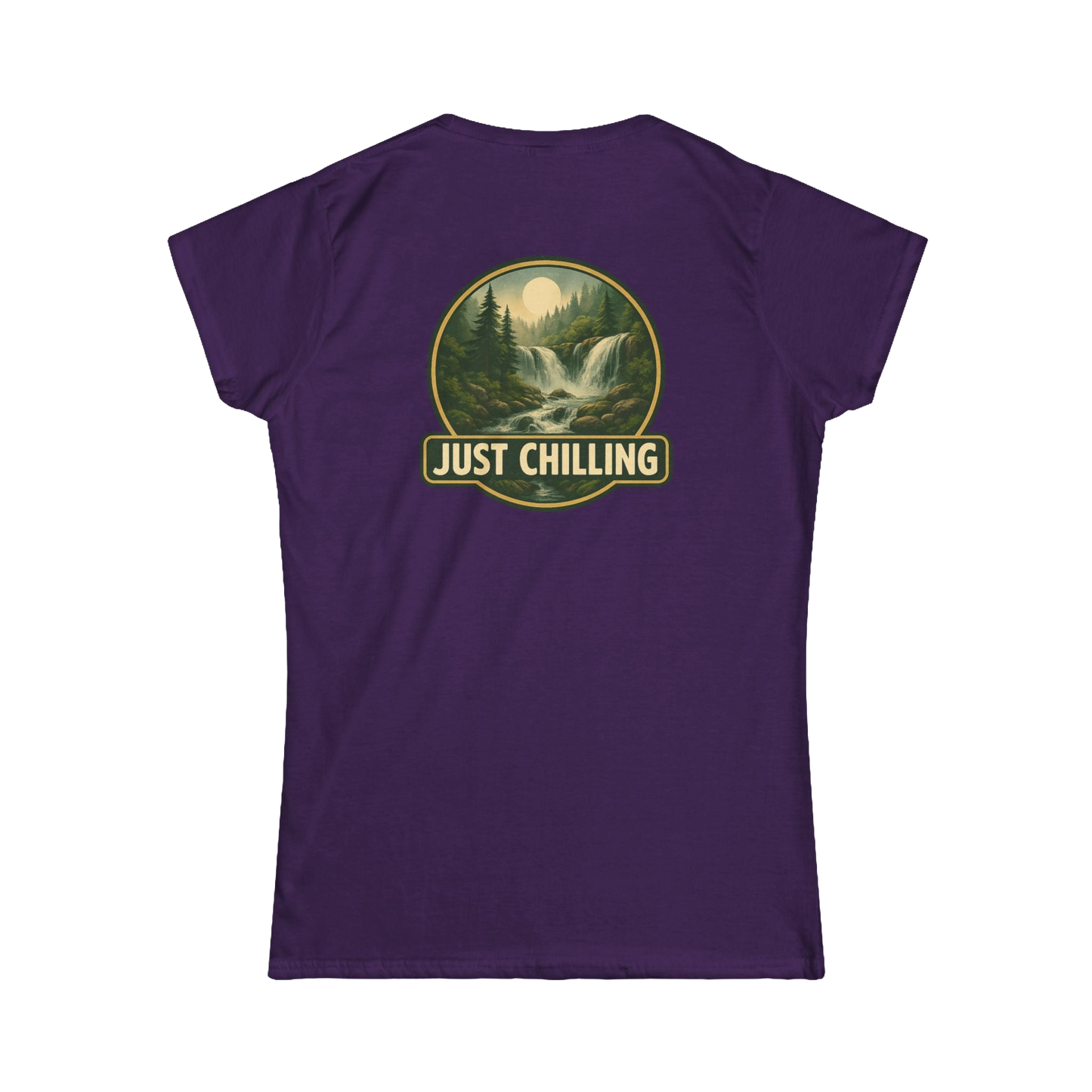 A purple t-shirt with a graphic design depicting a waterfall and forest, along with the text "JUST CHILLING" in the center.