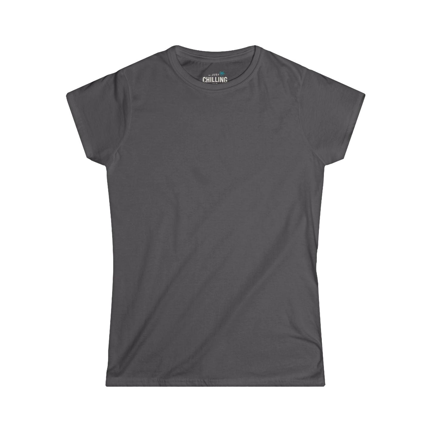 A gray t-shirt with a small logo on the neckline.