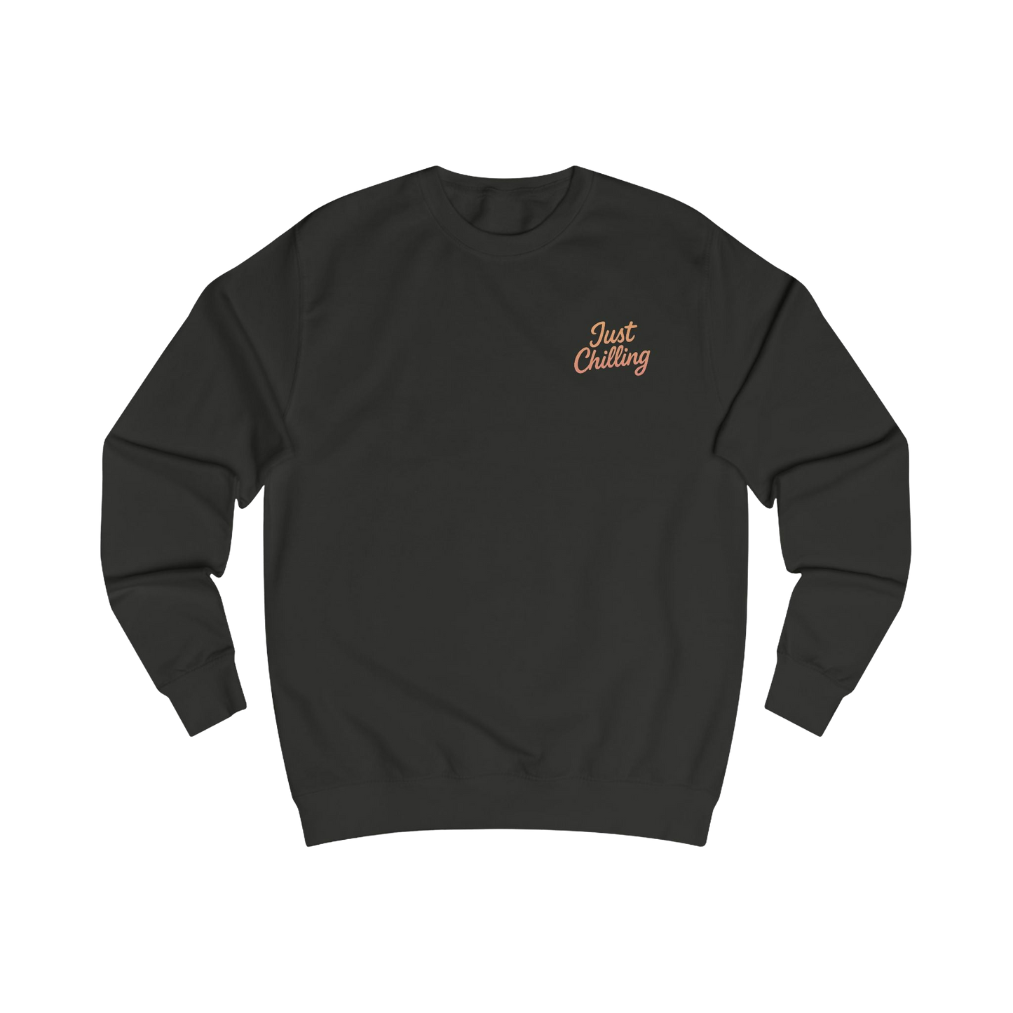 A black sweatshirt with a small orange text logo on the left side.