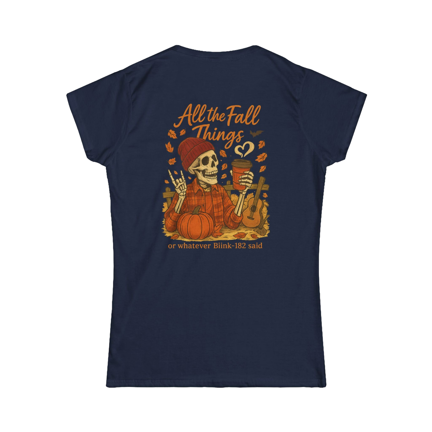 A t-shirt design featuring a skeleton wearing a plaid shirt and holding a cup, surrounded by autumn-themed elements such as pumpkins and leaves.