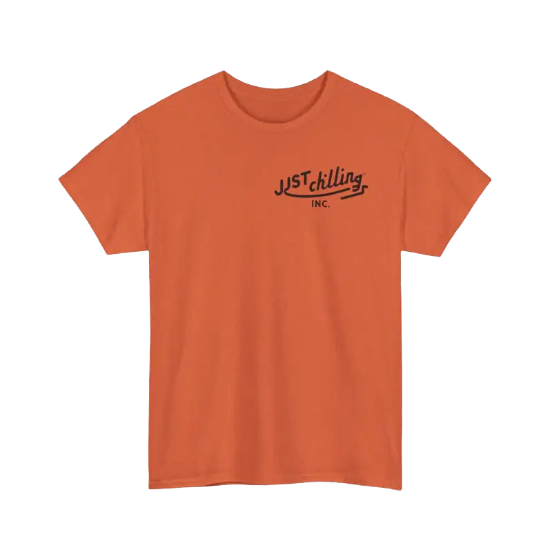 The image is a single orange t-shirt with the text "JUSTchilling INC." printed on it.