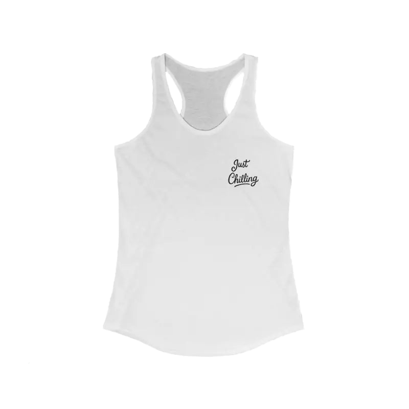 A white tank top with a small black text embroidered on the left side.