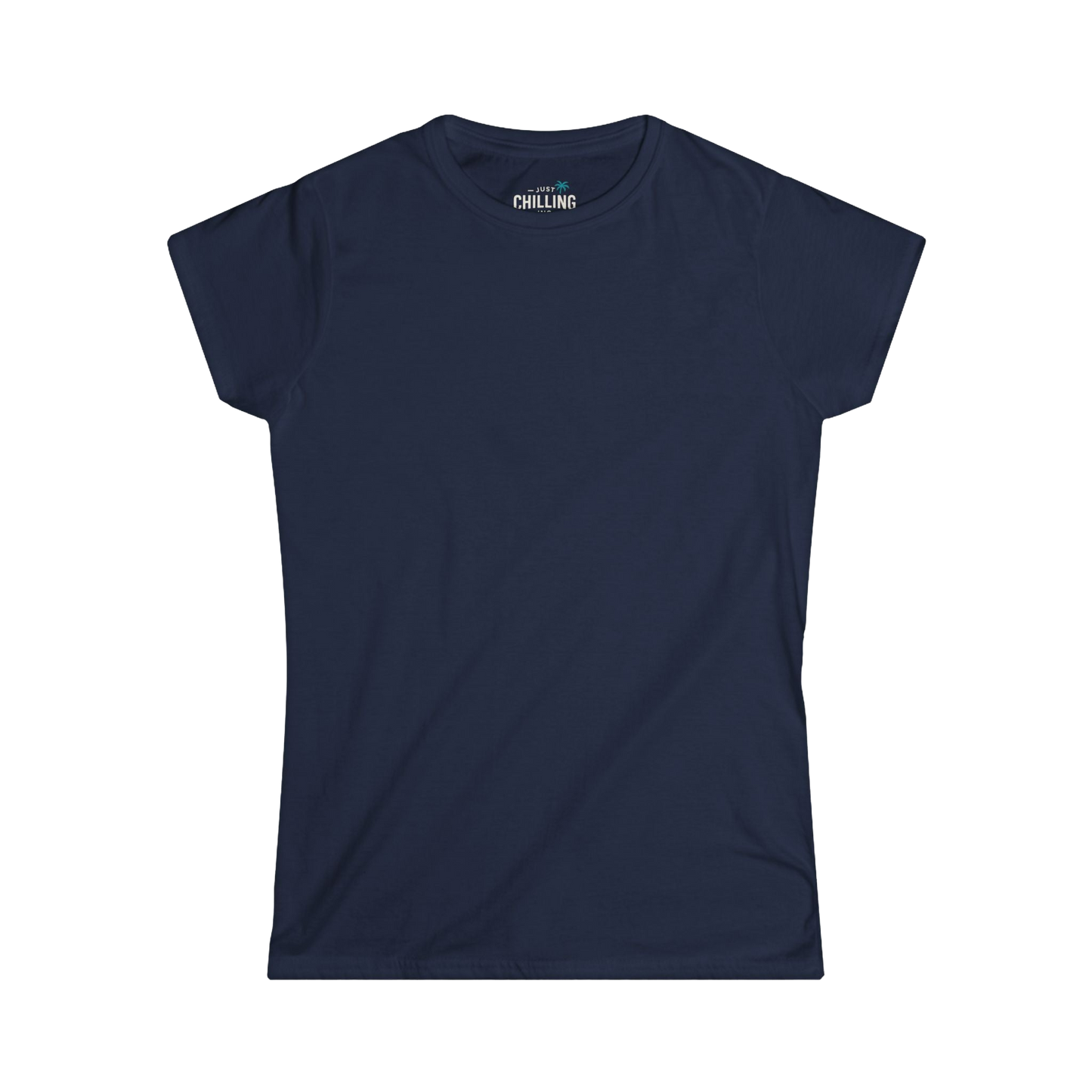 A navy blue t-shirt with a white logo on the collar.