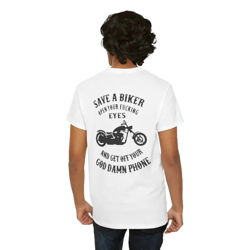 the back of a person wearing a white t-shirt with a graphic design and text printed on it.