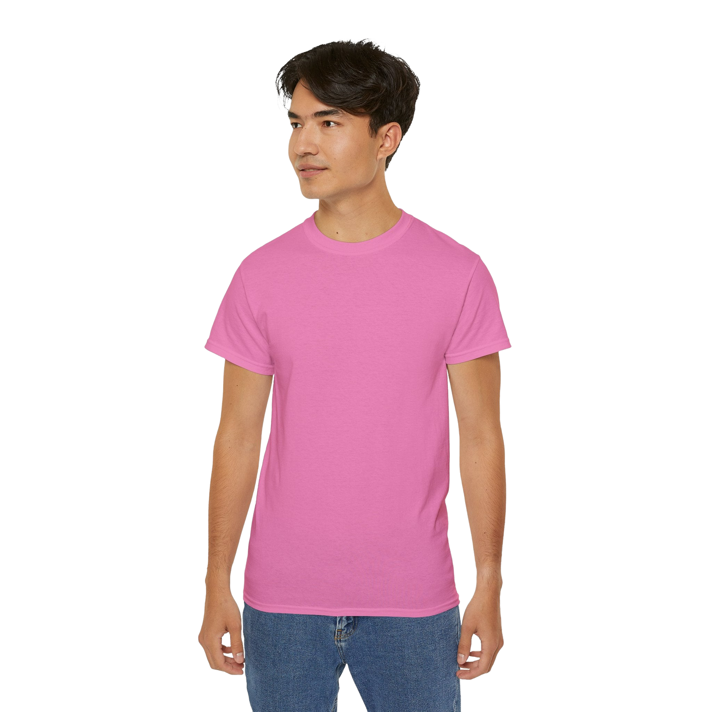 A young man wearing a pink t-shirt stands against a black background.