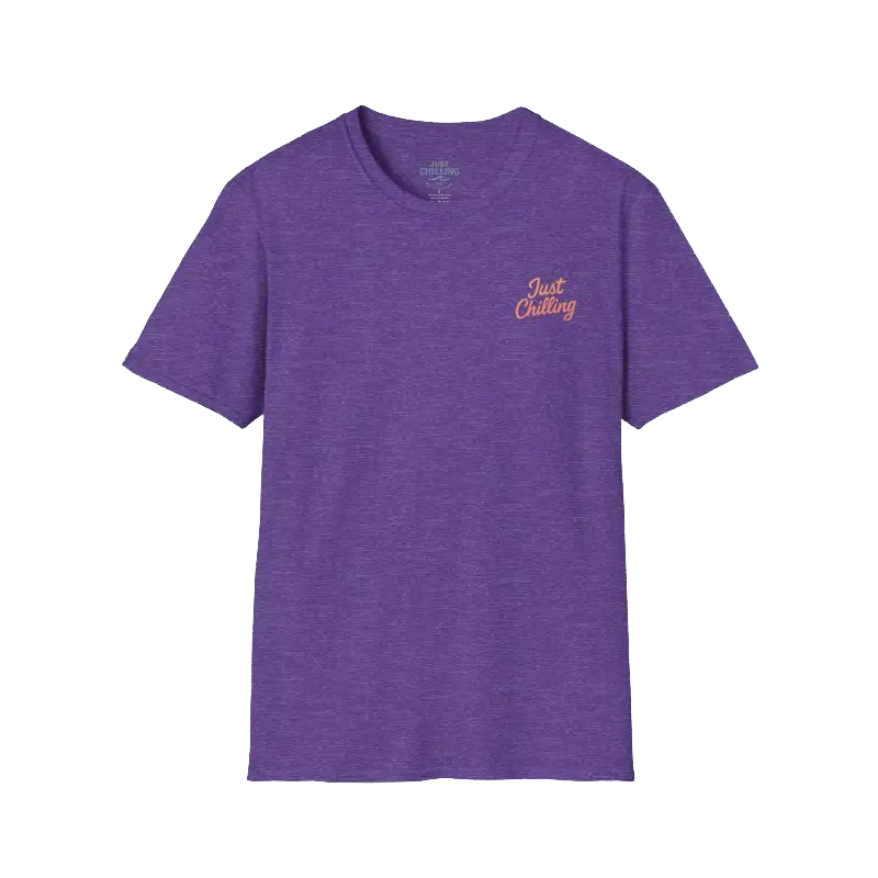 A purple t-shirt with the text "Just Chilling" printed on it.