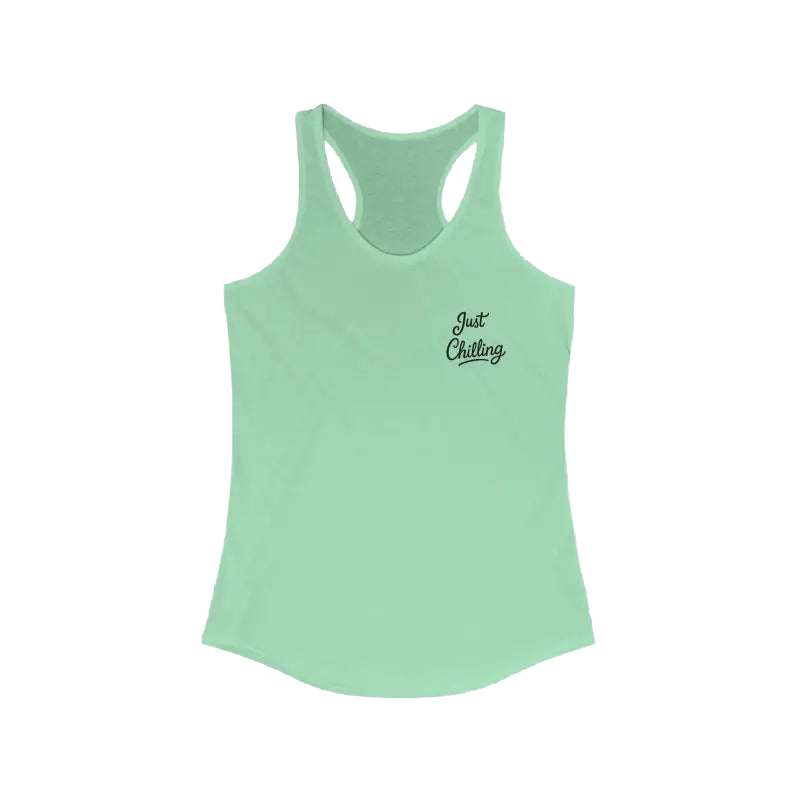 A mint green tank top with a small black text embroidered on the front.