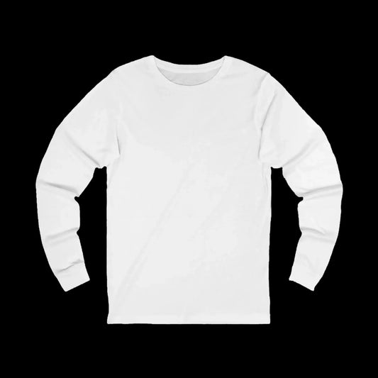 A white long-sleeved t-shirt is displayed against a black background.