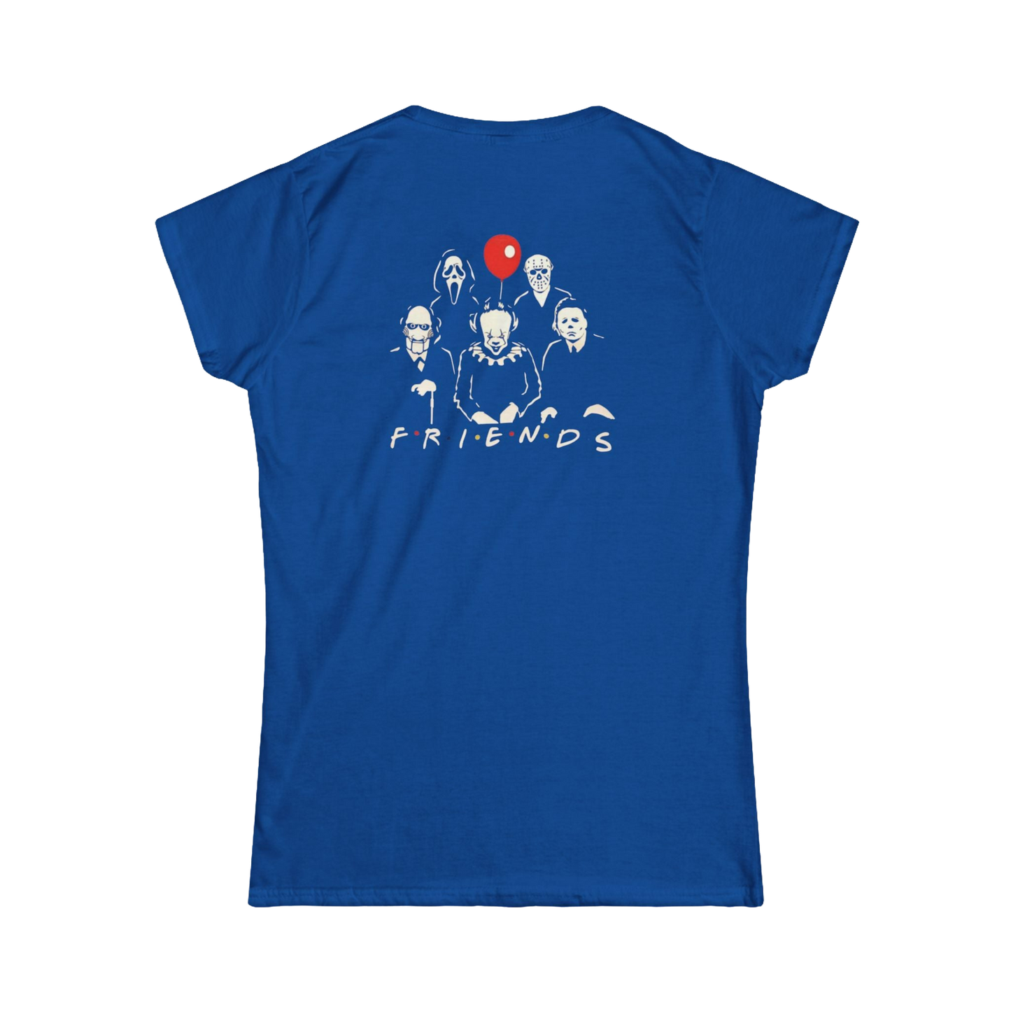 A blue t-shirt with a graphic design featuring silhouettes of five people and a red balloon.