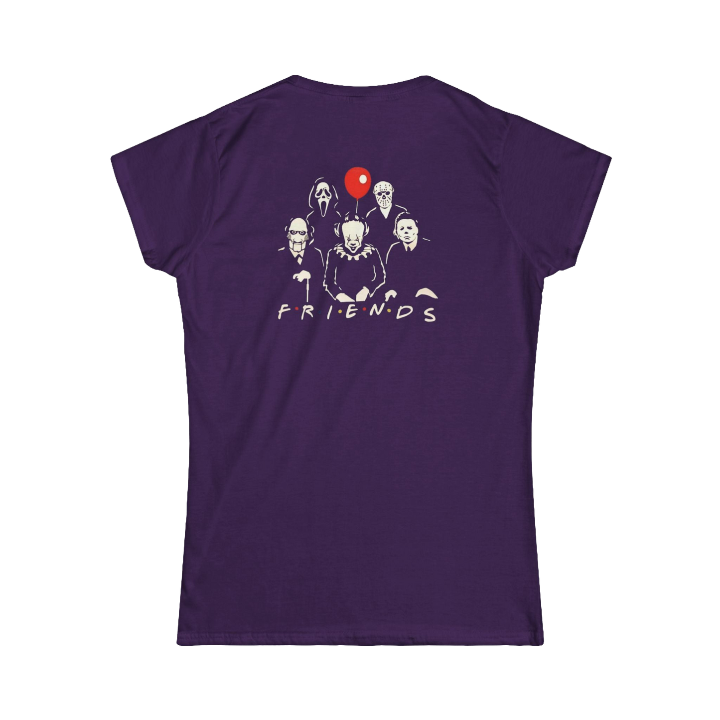 A purple t-shirt with a graphic design featuring silhouettes of five people and a red balloon.
