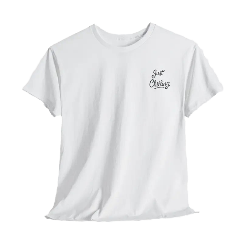 A white t-shirt with a small black text embroidered on the left side of the chest.